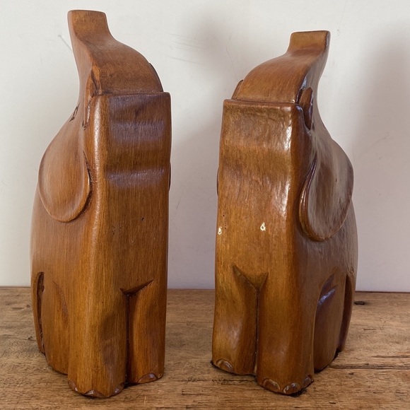 Vintage Carved Wood Elephant Bookends - Picture 3 of 12